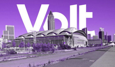 Frankfurt Messe in purple with a Volt logo in the background