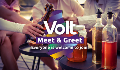 In the background people are sitting together, drinking from what appears to be beer bottles. In front the Volt logo can be seen with additional text stating 