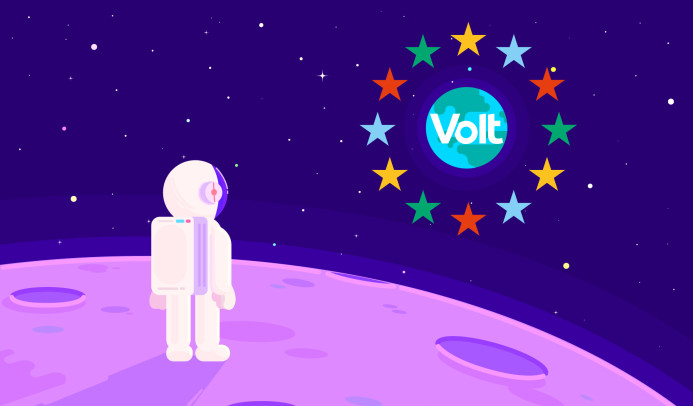 An astronaut on the moon looking at the earth, where a Volt logo appears over it