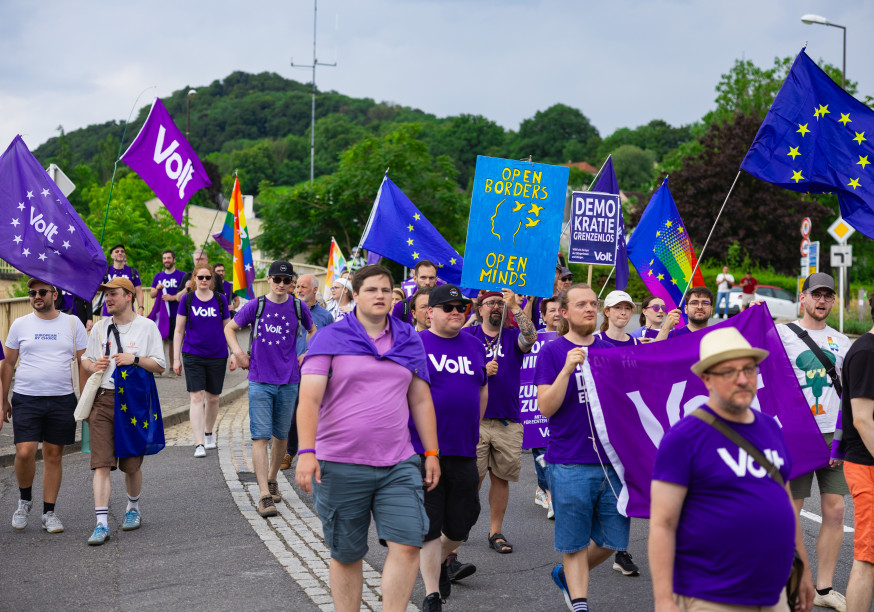 Lots of Volters marching with flags and banners