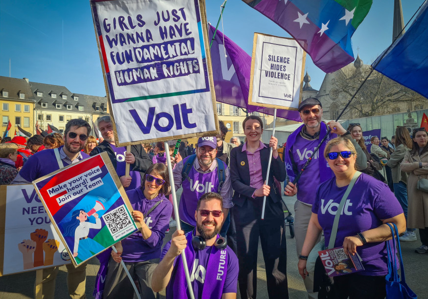 Volters holding flags and posters. One poster says 