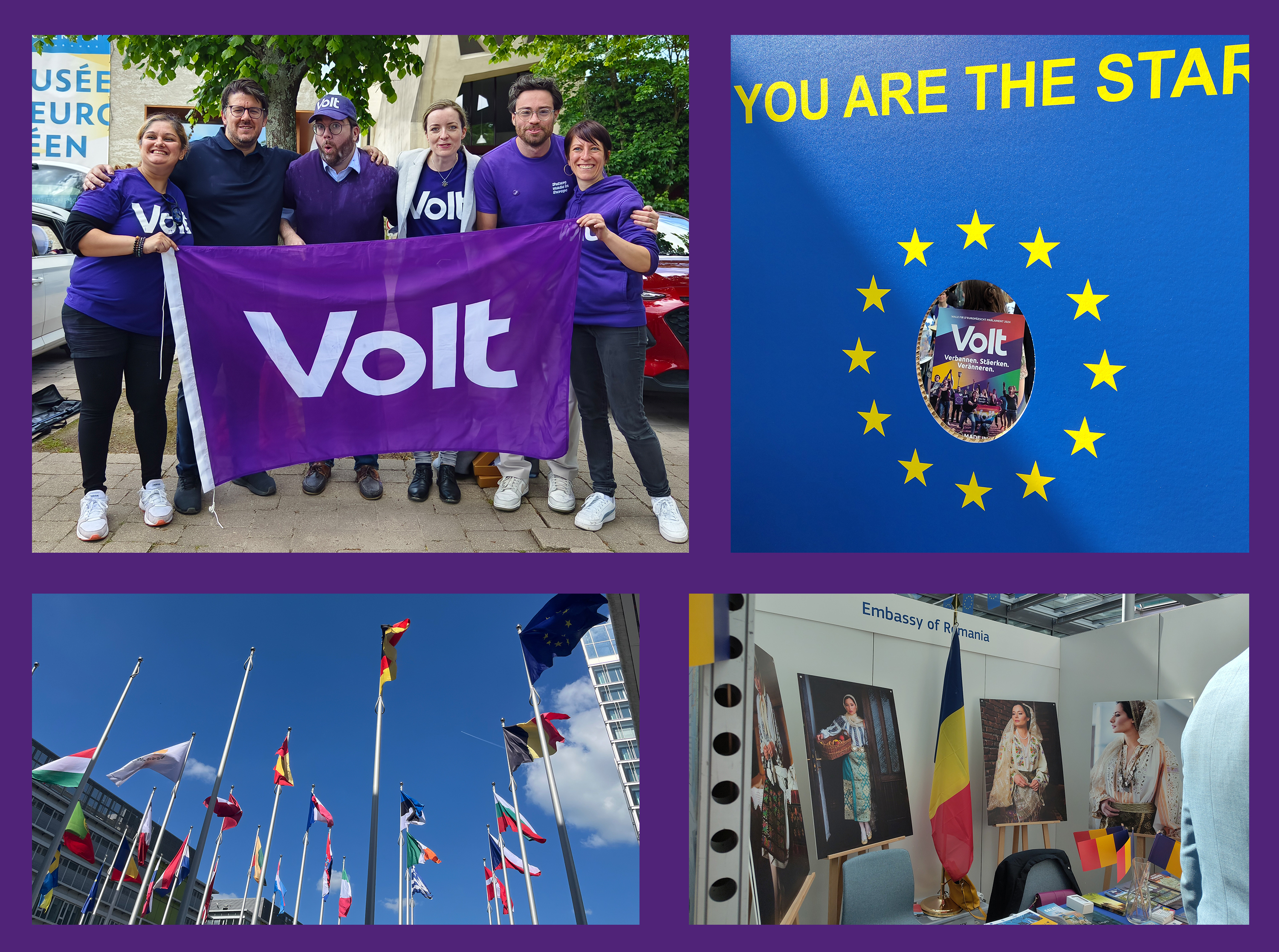A collage of pictures. Top left: Volt candidates holding the Volt flag. Top right: Volt magazine inside of European stars. Bottom left: European flags infront of the European parliament. Bottom right: Stand of the Embassy of Romania.