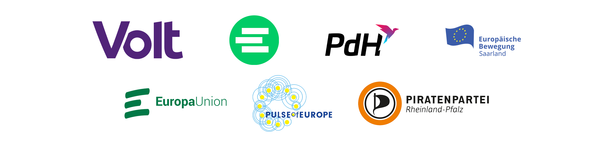 Logos of Volt, JEF, PdH, Europäische Bewegung Saarland, Europa-Union, Pulse of Europe, Piratenpartei Rheinland-Pfalz